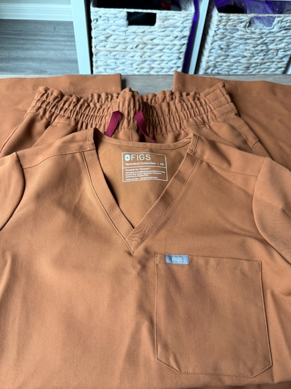Figs Women's Scrub Set in Rust Brown with Maroon Drawstrings